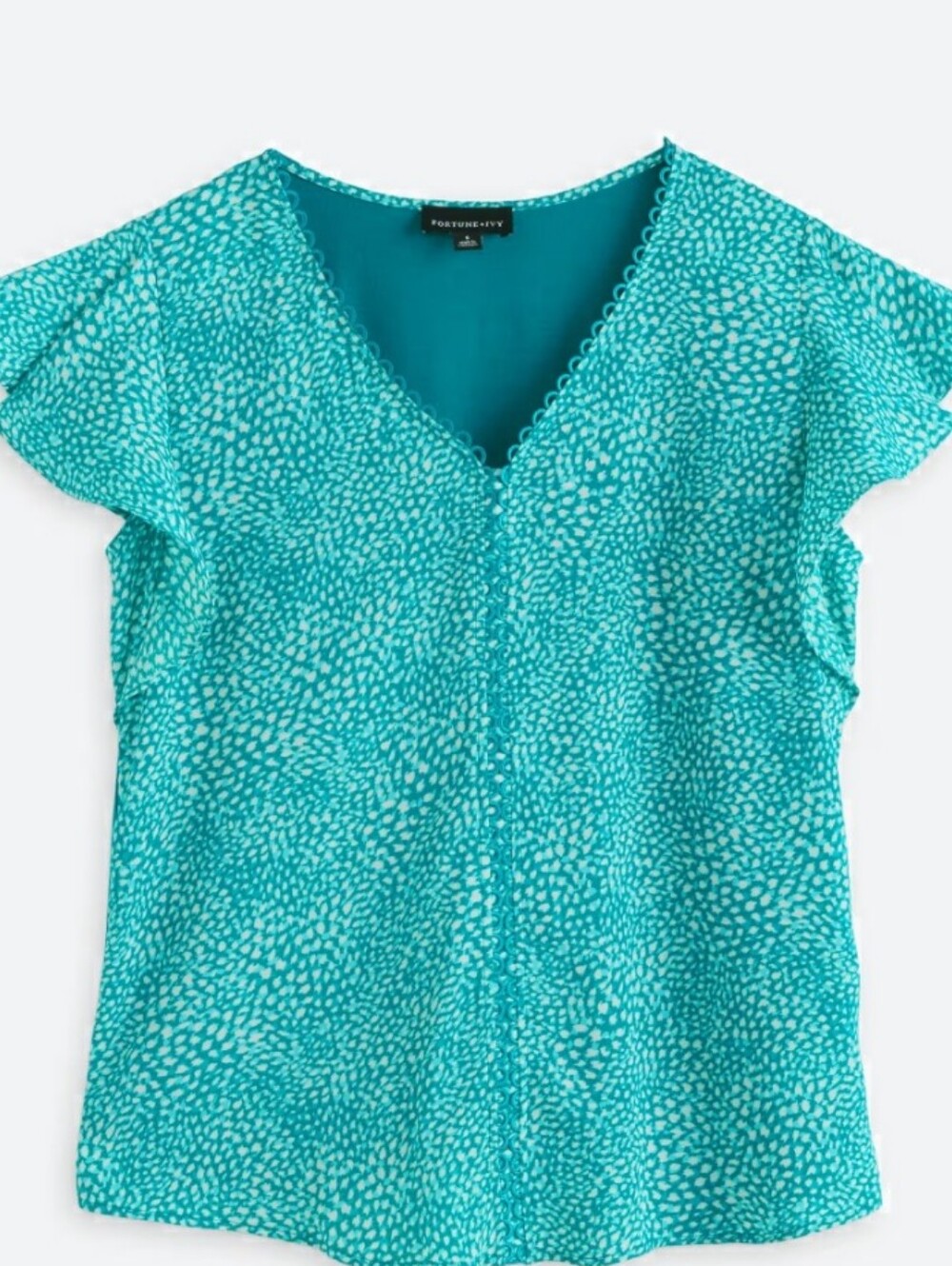 Fortune + Ivy Teal Printed V-Neck Flutter Sleeve Top
